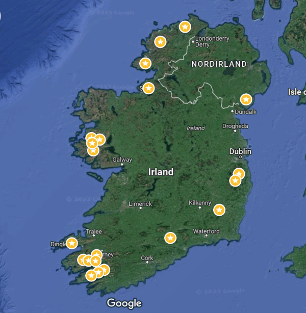 Map of Ireland with mountain roads and passes