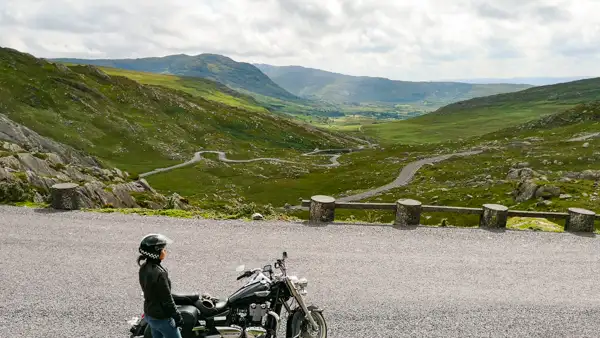 Motorcycle and rider at Healy Pass