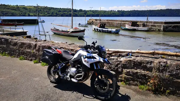 Motorbike at the small fishing harbour of Ballyhack