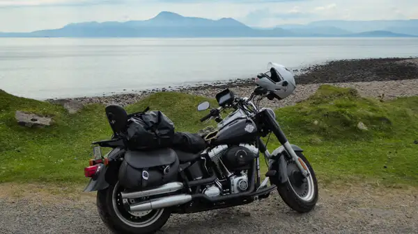 Motorcycle at Clew Bay, Croagh Patrick in the background