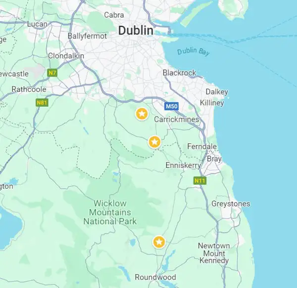 Map with MTB trails and rental stations near Dublin