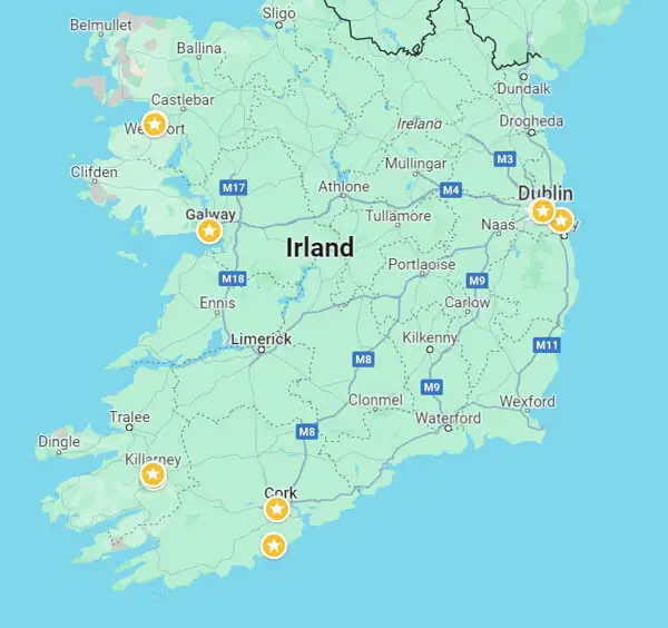 Map with bicycle rental stations ins Ireland
