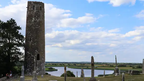 Round tower at Clonmacnoise overlooking River Shannon