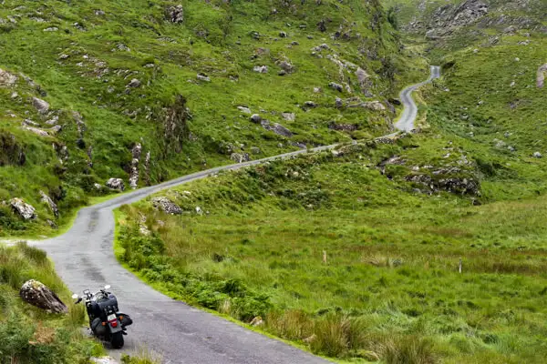 Motorcycle at Ballaghbeama Gap in Kerry Mountains