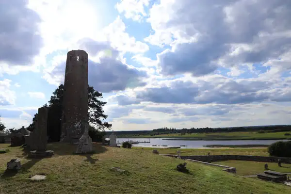 Tower of Clonmacnoise Monastery at River Shannon